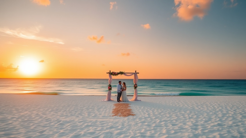 A couple exchanging vows on a beach in Zanzibar during sunset, with an arch and ocean in the background.