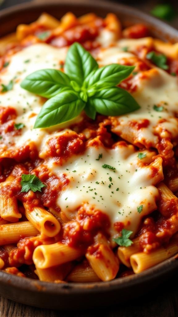 A delicious baked ziti dish topped with cheese and fresh basil.