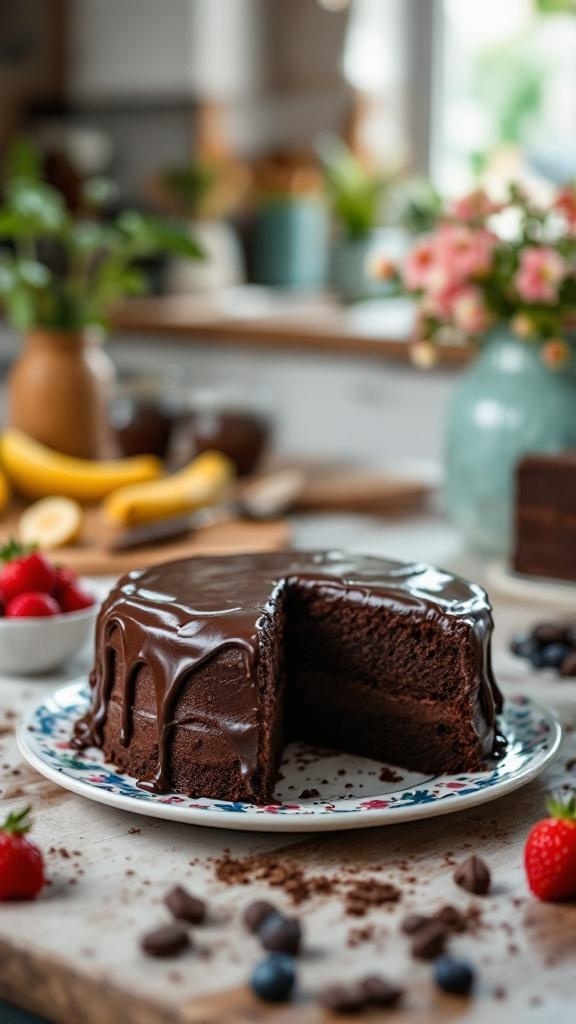 A delicious gluten-free chocolate birthday cake with a slice cut out, showcasing its moist texture.