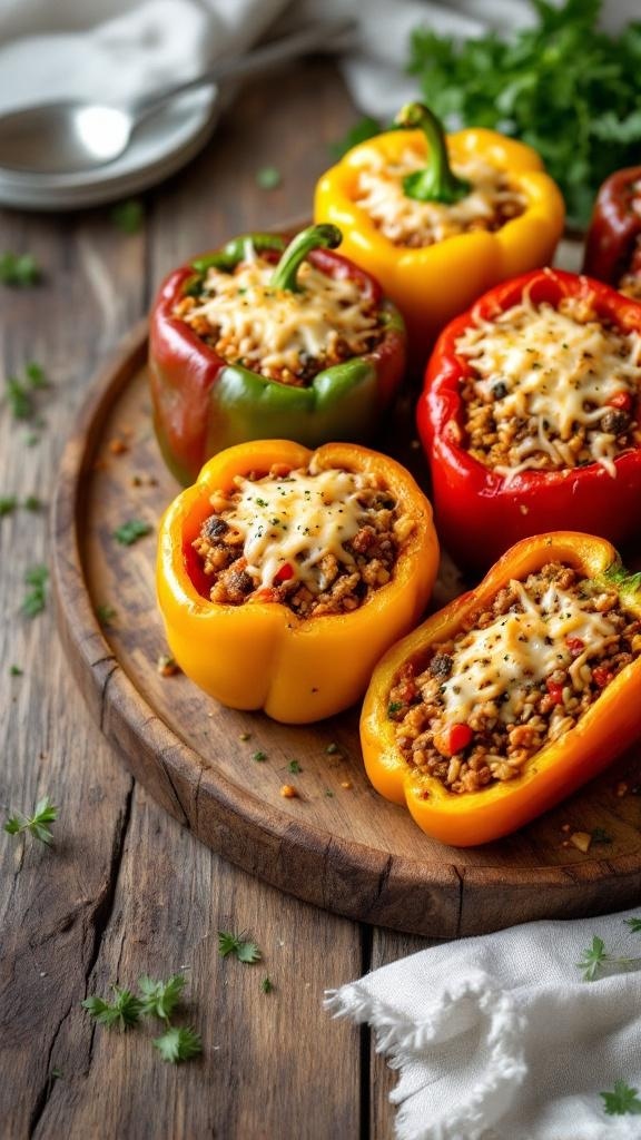 Colorful stuffed bell peppers filled with meat and rice, topped with melted cheese.