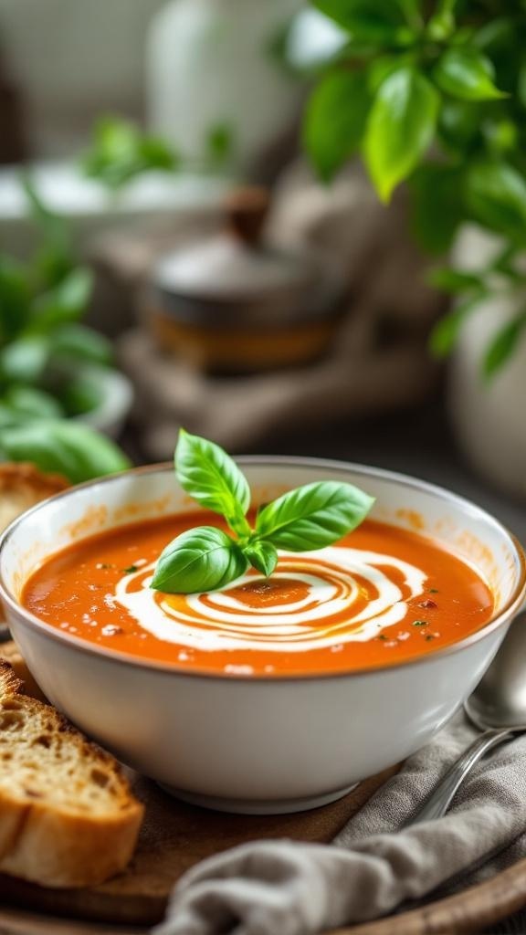 A bowl of creamy tomato basil soup garnished with basil leaves and served with crusty bread.