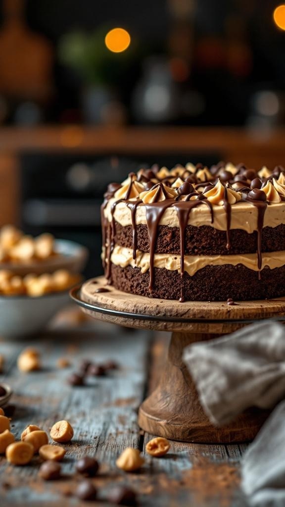 A delicious chocolate peanut butter cake with layers of frosting and a chocolate drizzle.