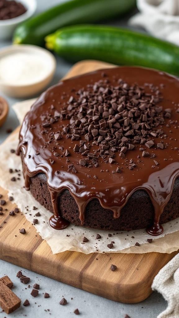 A delicious chocolate zucchini cake topped with chocolate frosting and chocolate chips.