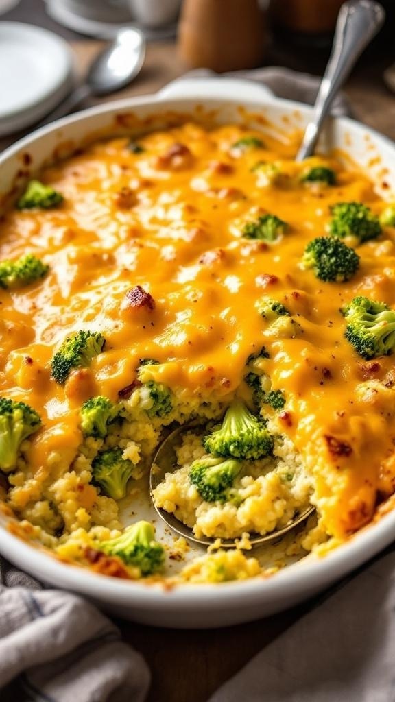 Cheesy Broccoli Rice Casserole in a baking dish with broccoli and melted cheese