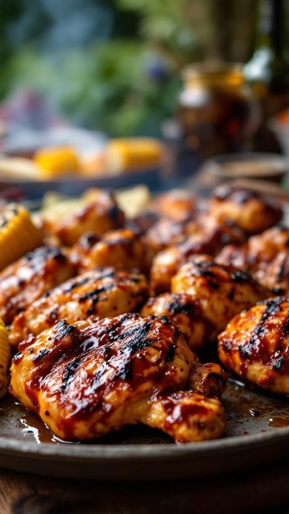 Delicious BBQ chicken thighs grilled to perfection with a glossy barbecue sauce.