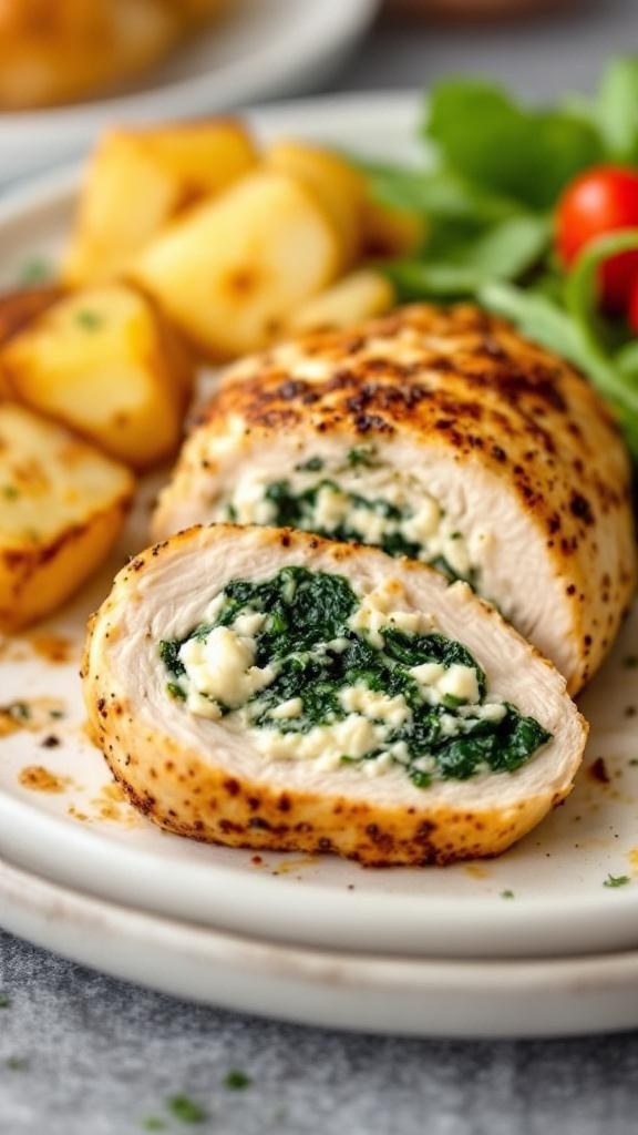 Spinach and feta stuffed chicken breast with roasted potatoes on a plate