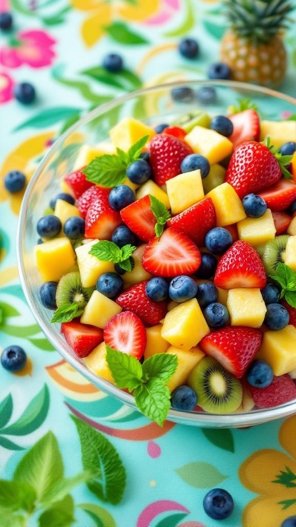 A colorful fruit salad with strawberries, blueberries, kiwi, and pineapple in a bowl, garnished with mint leaves.