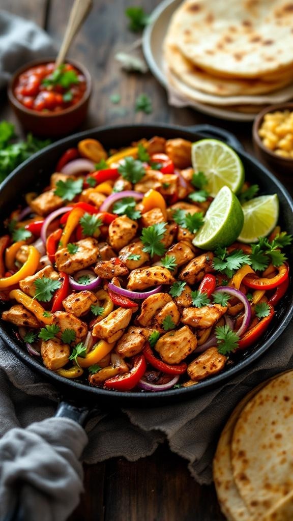 A colorful one-pan chicken fajitas dish with bell peppers, onions, and lime slices, served with tortillas.