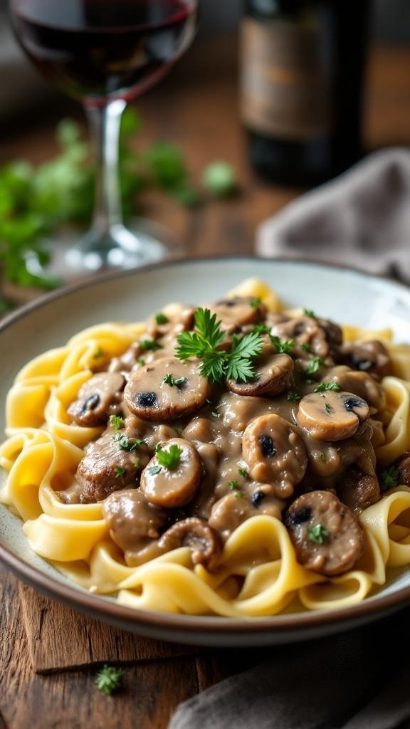A plate of beef stroganoff served over egg noodles with a glass of red wine in the background.