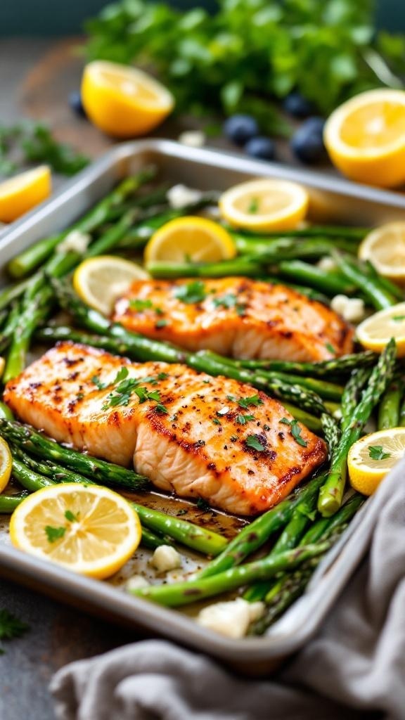 Sheet pan salmon and asparagus with lemon slices