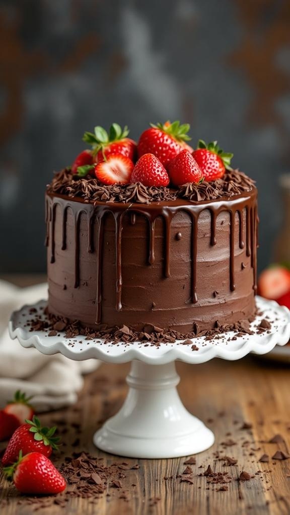 A healthy chocolate birthday cake topped with strawberries and chocolate ganache on a white cake stand.