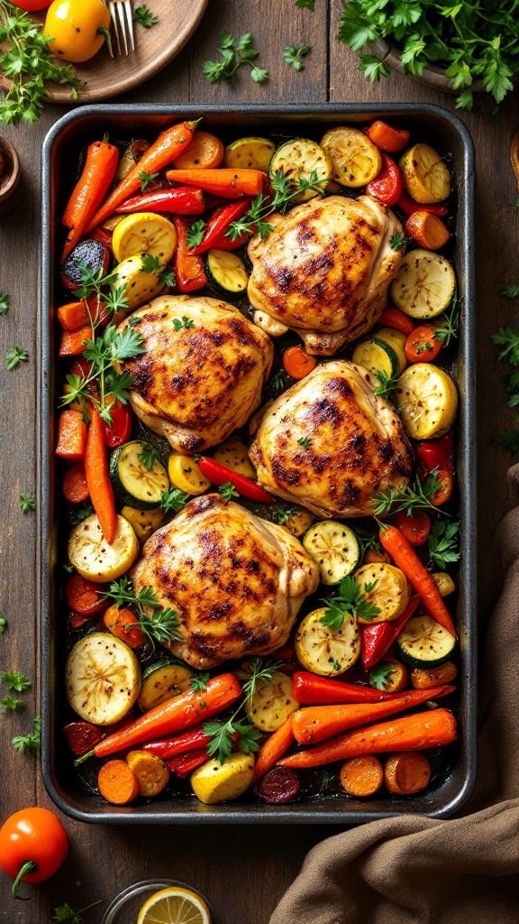 A delicious one-pan chicken and vegetables dish, featuring roasted chicken thighs surrounded by colorful vegetables.
