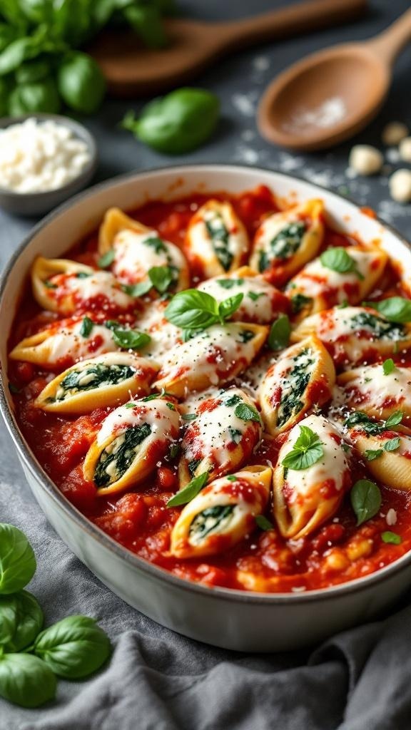 A dish of spinach and ricotta stuffed shells topped with marinara sauce and melted cheese.