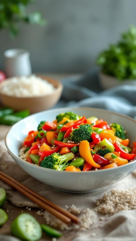A colorful veggie-packed stir-fry with broccoli, bell peppers, and snap peas served in a bowl.