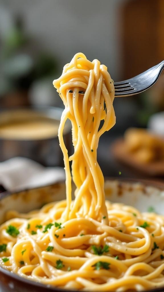 A fork lifting creamy garlic pasta from a bowl