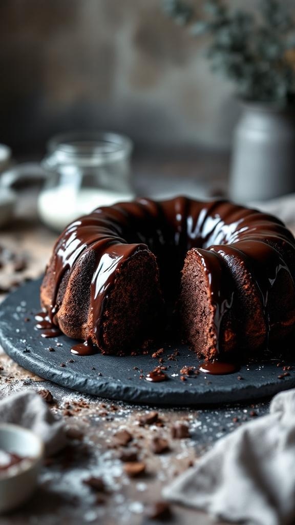 A moist chocolate bundt cake drizzled with chocolate glaze, placed on a dark serving platter.