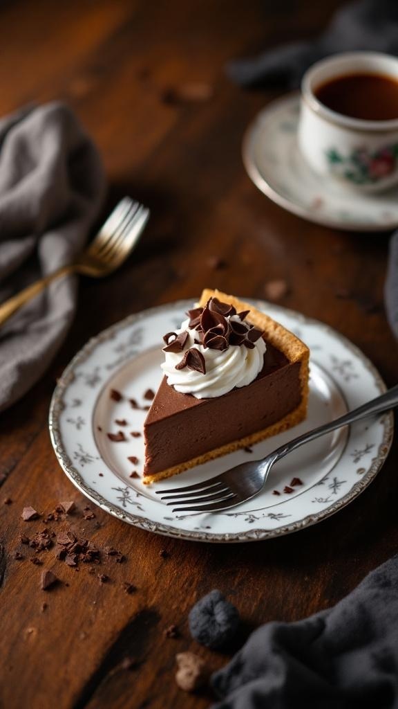 A slice of chocolate cheesecake topped with whipped cream and chocolate shavings on a decorative plate.
