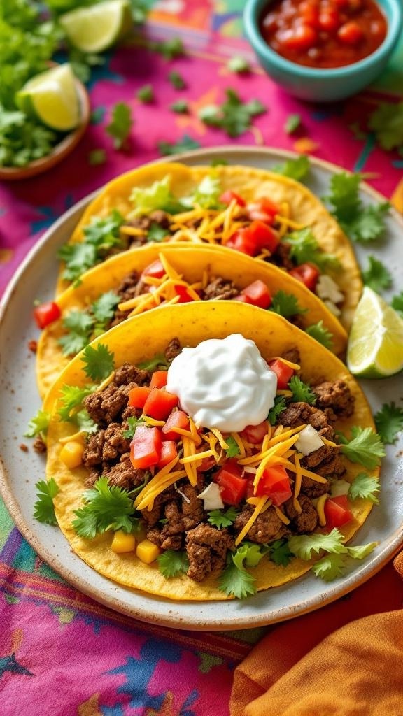 Three beef tacos topped with lettuce, tomatoes, cheese, and sour cream on a colorful plate.