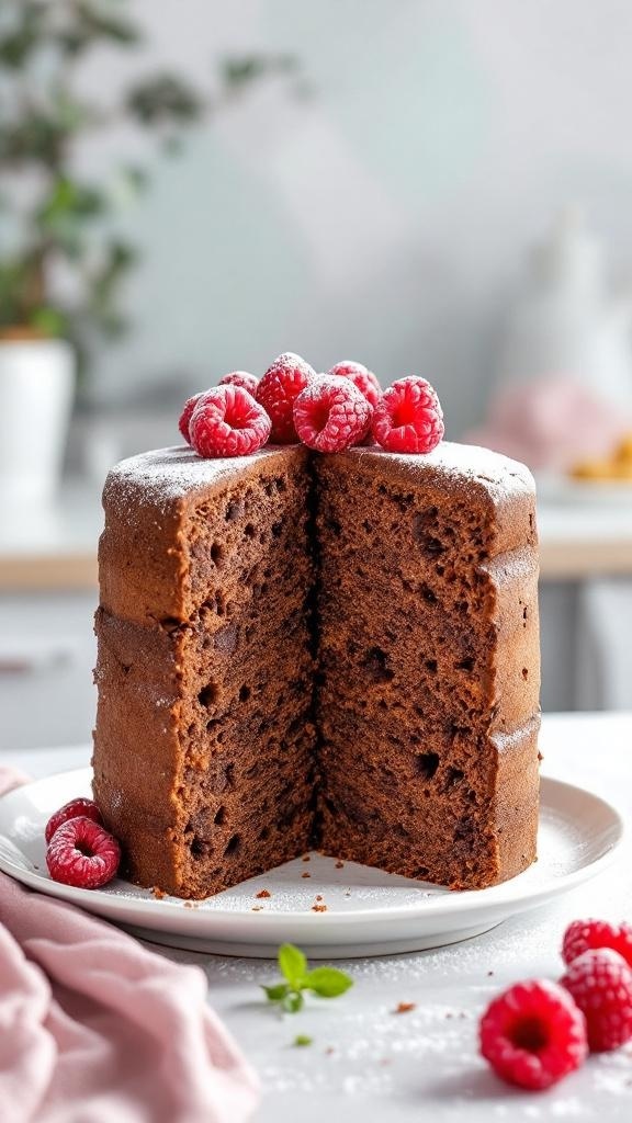 A fluffy chocolate angel food cake with raspberries on top, sliced to show the light texture inside.