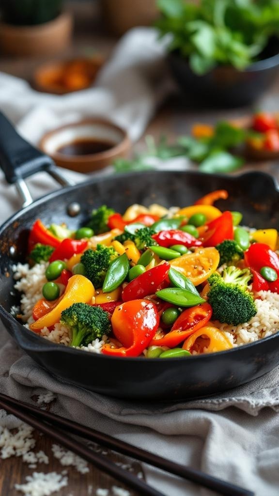 A colorful vegetable stir-fry in a skillet with rice