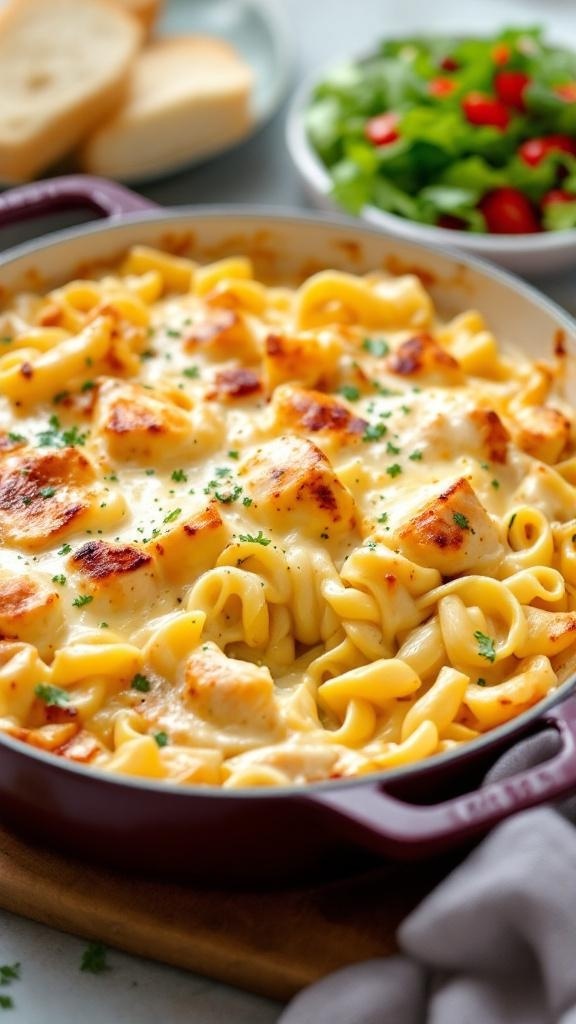 A creamy Chicken Alfredo Bake with pasta and cheese, served with bread and a side salad.