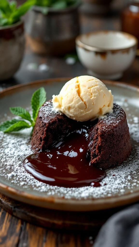 A delicious chocolate lava cake topped with vanilla ice cream and mint leaves, served on a rustic plate.