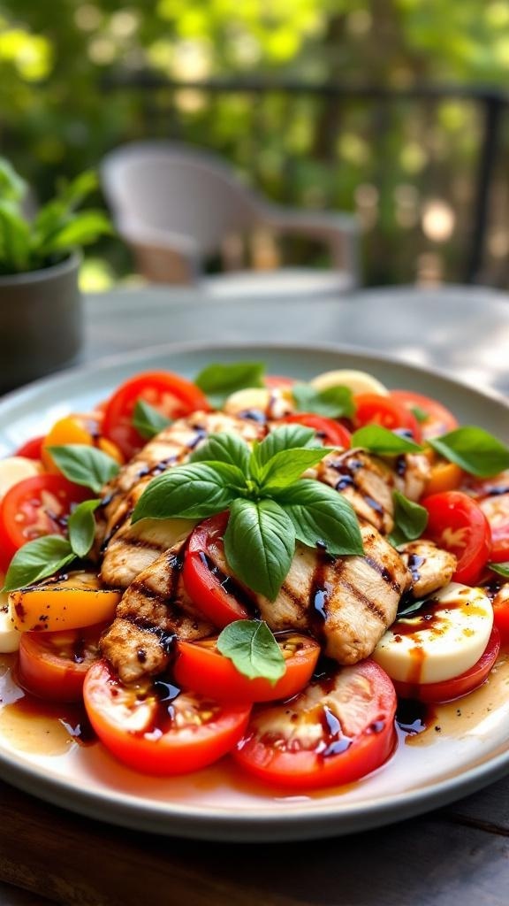 Caprese salad with grilled chicken, tomatoes, mozzarella, and basil on a plate.