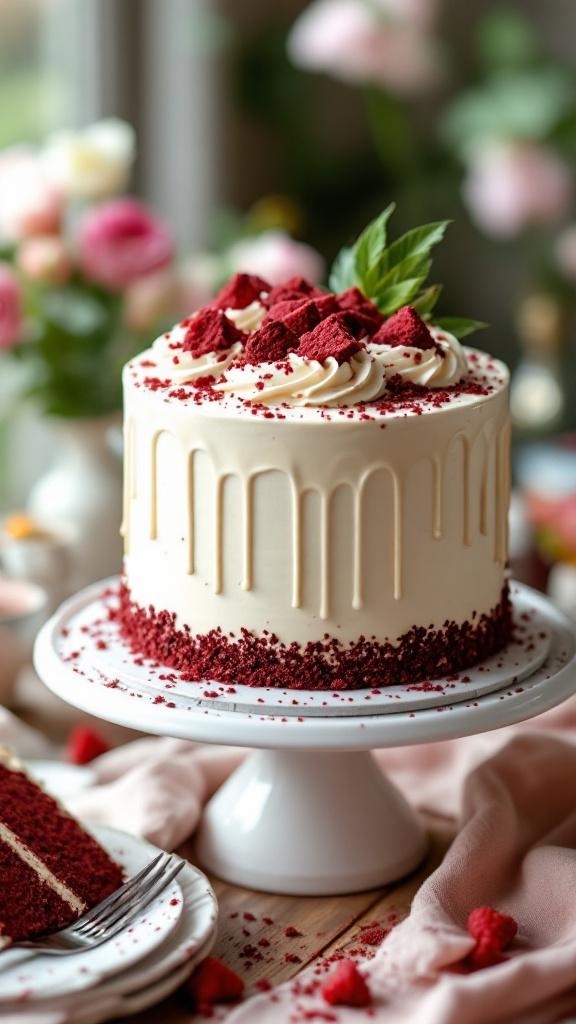A beautifully decorated Chocolate Red Velvet Cake with cream cheese frosting and red velvet crumbs on top.