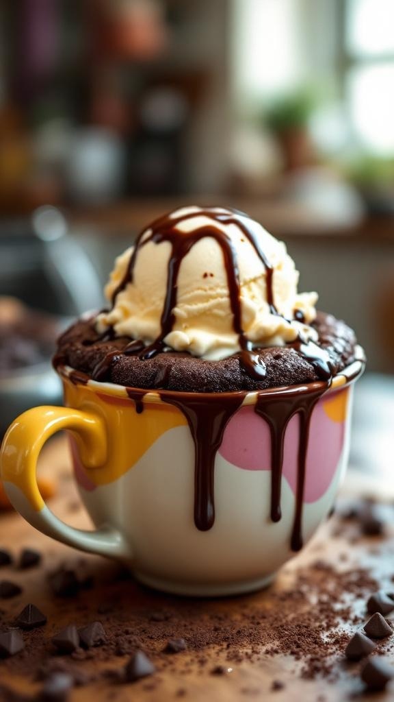 A chocolate mug cake topped with ice cream and chocolate sauce in a colorful mug.