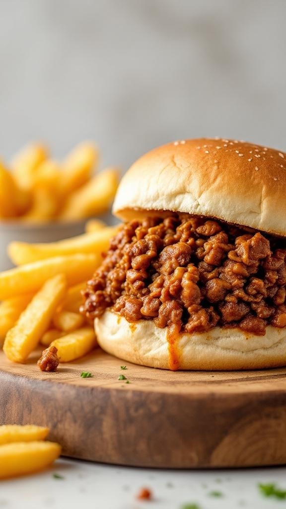 A delicious homemade Sloppy Joe sandwich with fries on the side.