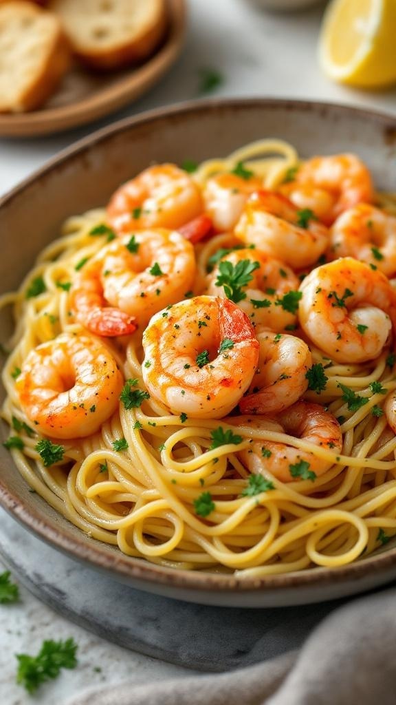 A bowl of shrimp scampi with pasta, garnished with parsley.
