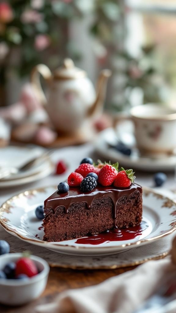 A slice of healthy chocolate birthday cake topped with fresh berries and chocolate ganache.