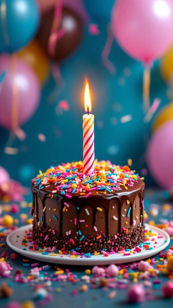 A colorful chocolate birthday cake with sprinkles and a candle on top, surrounded by festive decorations.