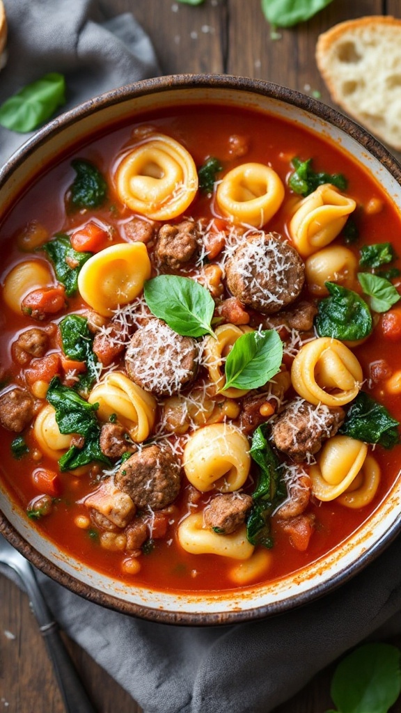A delicious bowl of Italian sausage tortellini soup with tortellini, sausage, spinach, and Parmesan, served with bread.