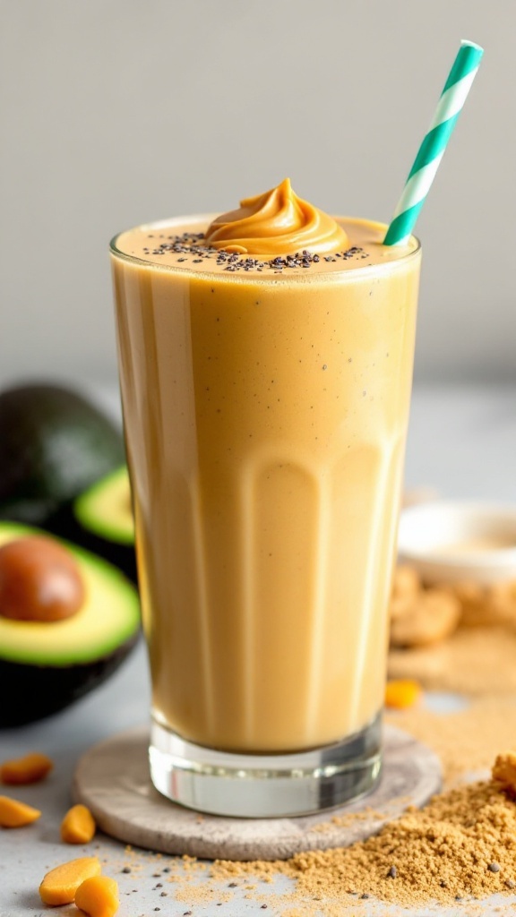 A creamy Keto Peanut Butter Smoothie in a glass with chia seeds, featuring avocados and protein powder in the background.