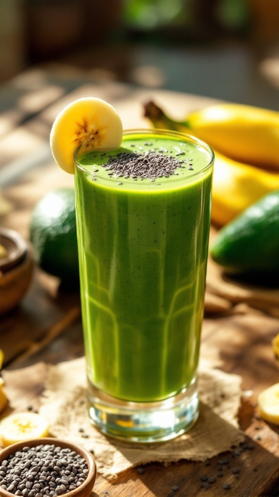 A tall glass of creamy avocado banana smoothie garnished with banana and chia seeds, on a rustic table with avocados and bananas.