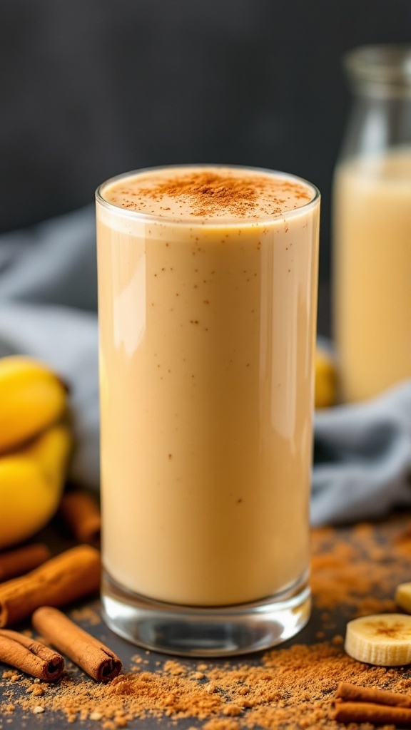 A creamy vanilla cinnamon banana smoothie in a glass, garnished with cinnamon and surrounded by bananas.