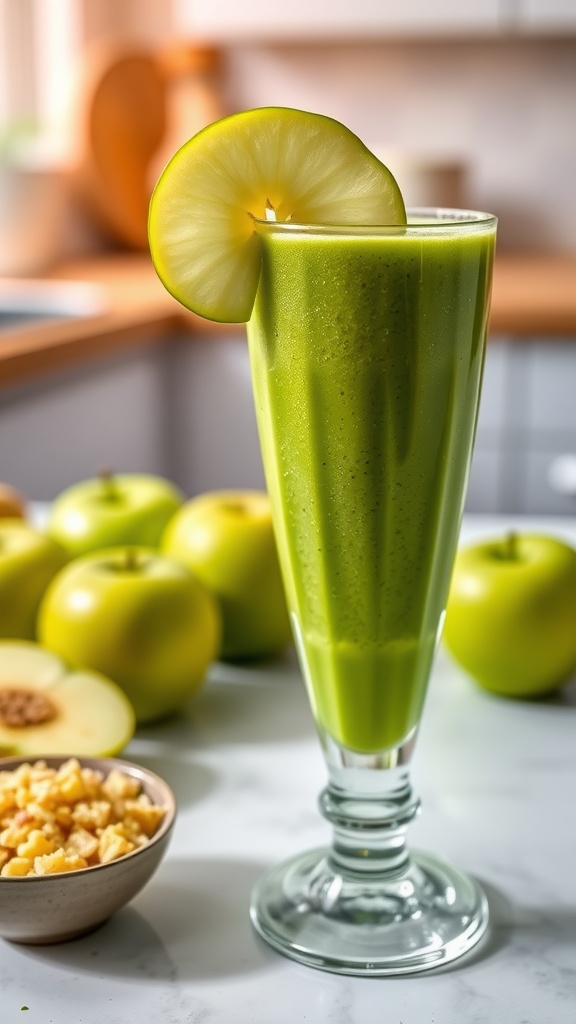 A refreshing green apple ginger smoothie in a glass with apple slice and ginger garnish on a bright kitchen countertop.