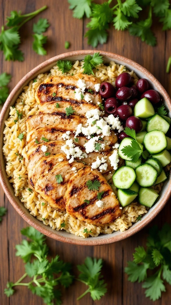 Mediterranean Chicken Orzo Bowl with grilled chicken, orzo, cucumbers, olives, and feta cheese.
