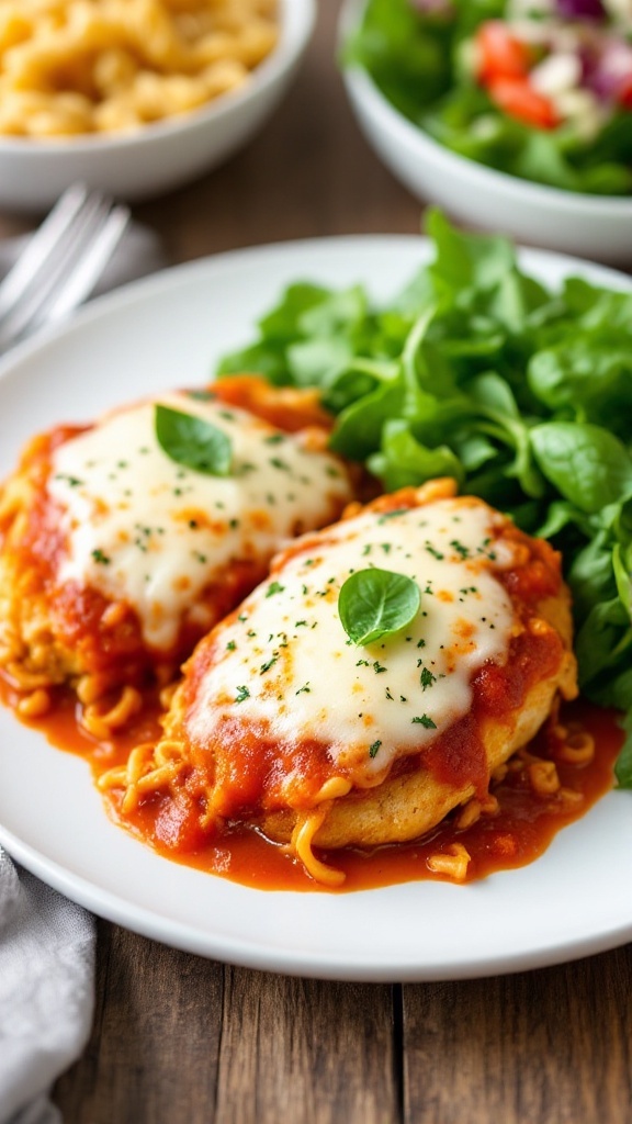 Healthy Baked Chicken Parmesan with marinara sauce and mozzarella cheese, garnished with basil on a wooden table.