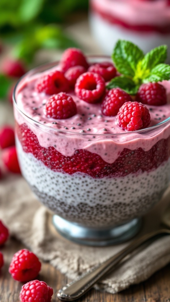 Refreshing Raspberry Chia Pudding Recipe A bowl of raspberry chia pudding layered with fresh raspberries and mint on a wooden table.