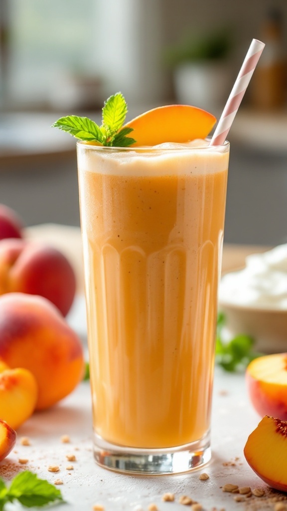 A protein shake made with peaches and Greek yogurt, garnished with peach slice and mint, on a bright kitchen counter.