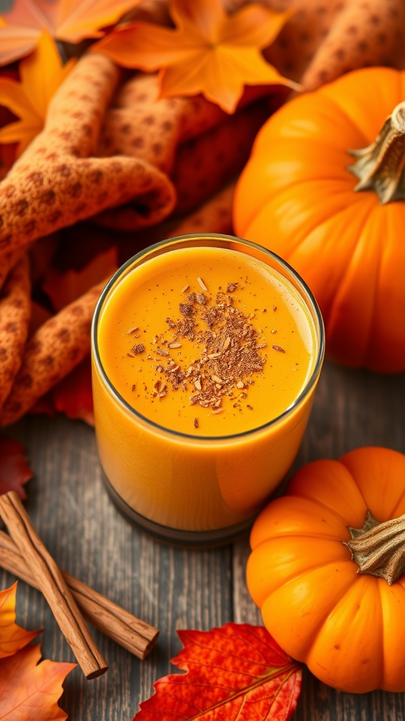 Pumpkin Spice Protein Smoothie in a glass with cinnamon, surrounded by pumpkins and autumn leaves.