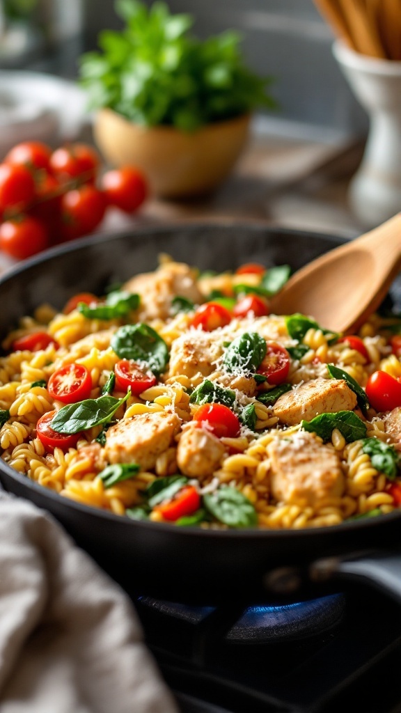 A close-up of a colorful chicken and orzo skillet with spinach and tomatoes, ready to serve.