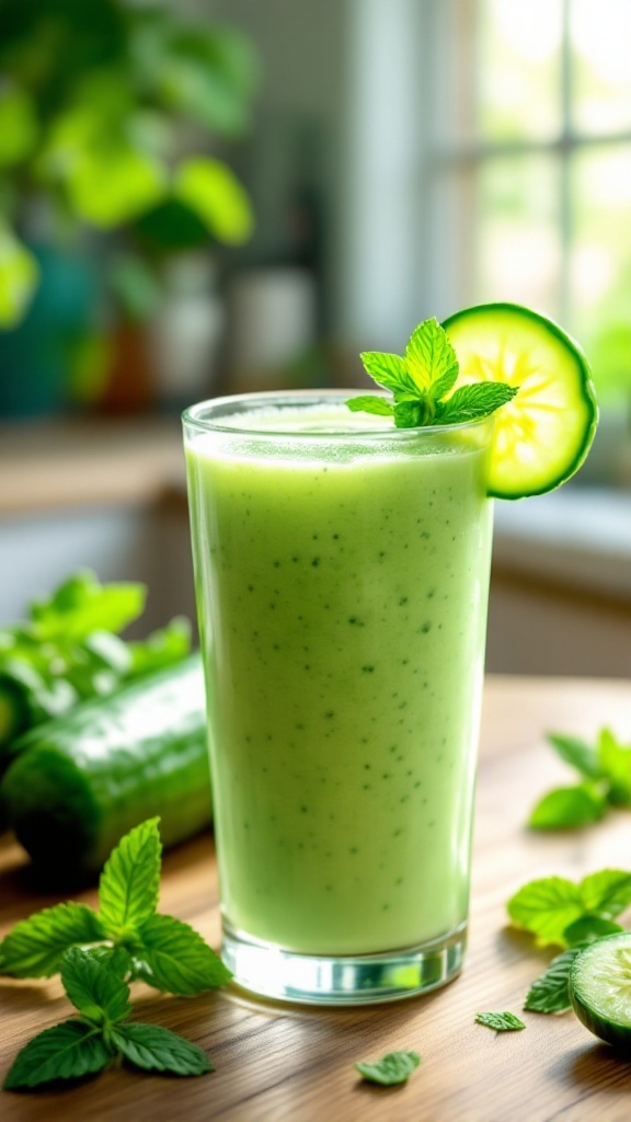 A refreshing cucumber mint smoothie garnished with mint and cucumber on a wooden table.