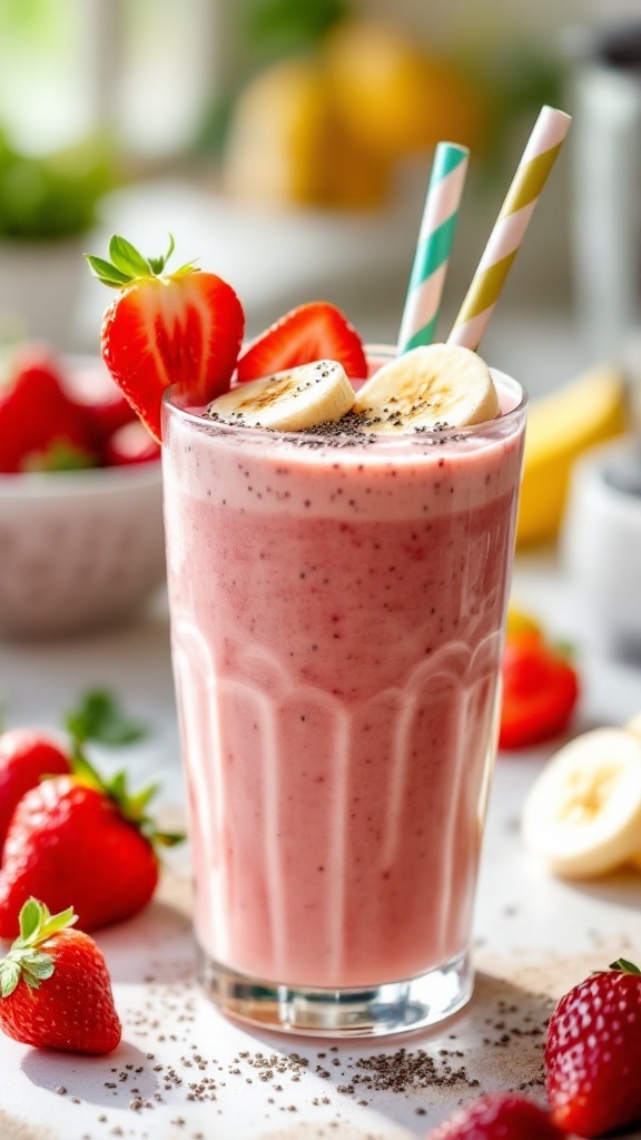 A refreshing strawberry banana smoothie topped with chia seeds and fresh fruit, set on a sunny kitchen counter.
