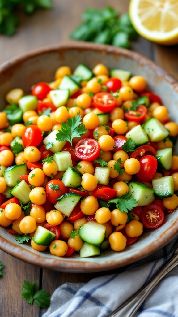 A vibrant chickpea salad with tomatoes, cucumbers, bell peppers, and parsley in a rustic bowl on a wooden table.