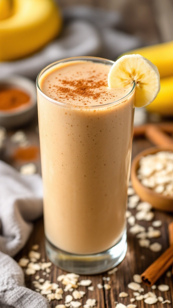 A tall glass of cinnamon oatmeal protein smoothie garnished with banana, set on a wooden table with oats and cinnamon in the background.