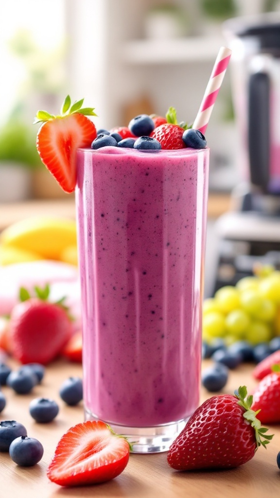 Berry smoothie with strawberries and blueberries in a glass, garnished with fresh berries.