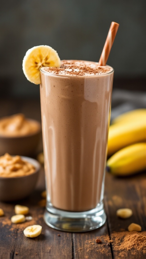 A delicious chocolate peanut butter banana shake in a glass, garnished with cocoa powder and banana slice, set on a rustic kitchen counter.